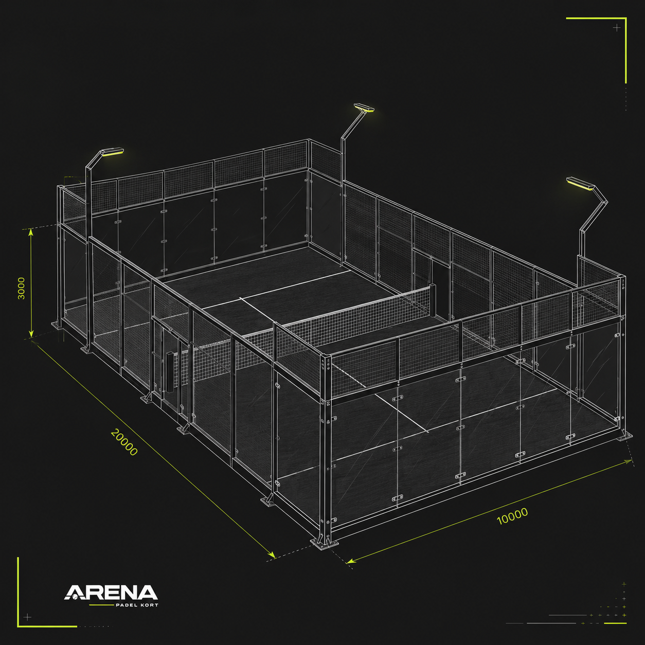 Anahtar teslim padel kort kurulumu için teknik çizim ve proje planlama görseli